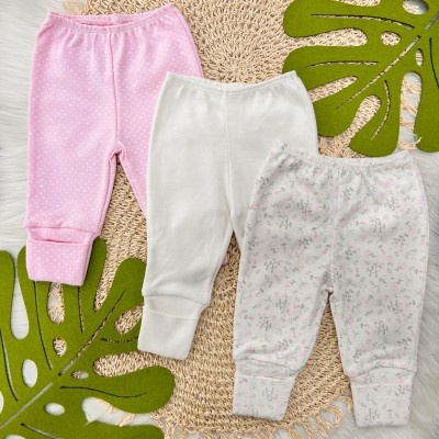   Kit 3 Calças - ramo cinza e rosa, off lisa e rosa poá e coração